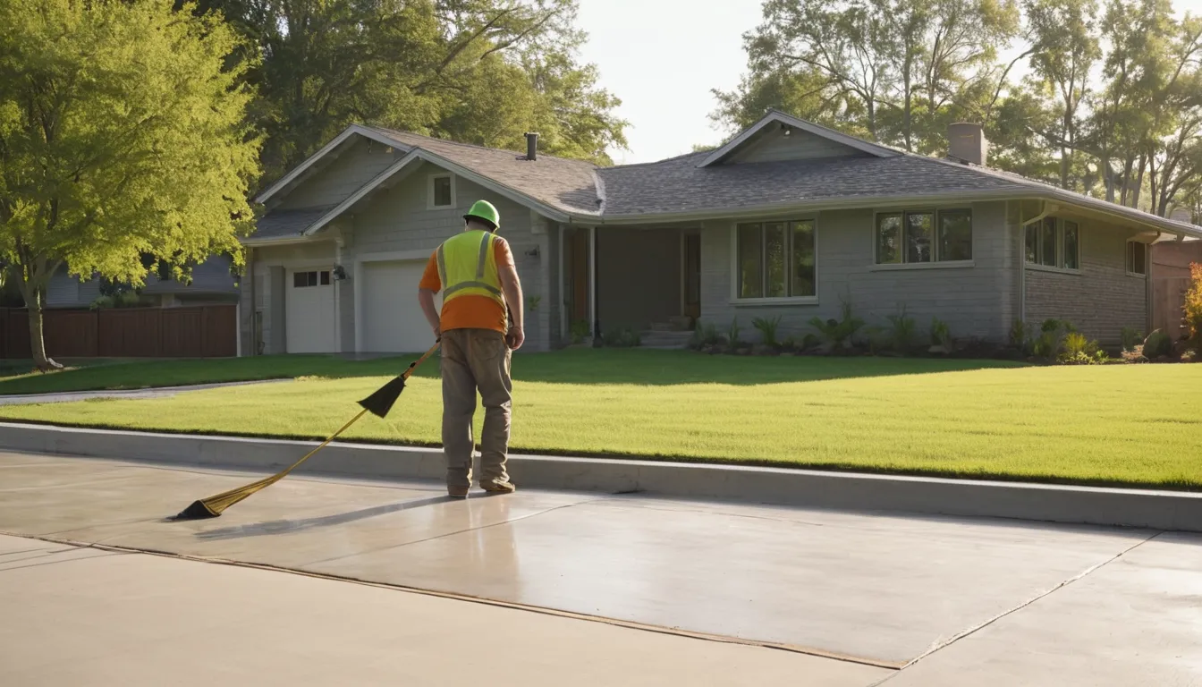 A new broom-finish concrete driveway beside a brick ranch home in Kenner